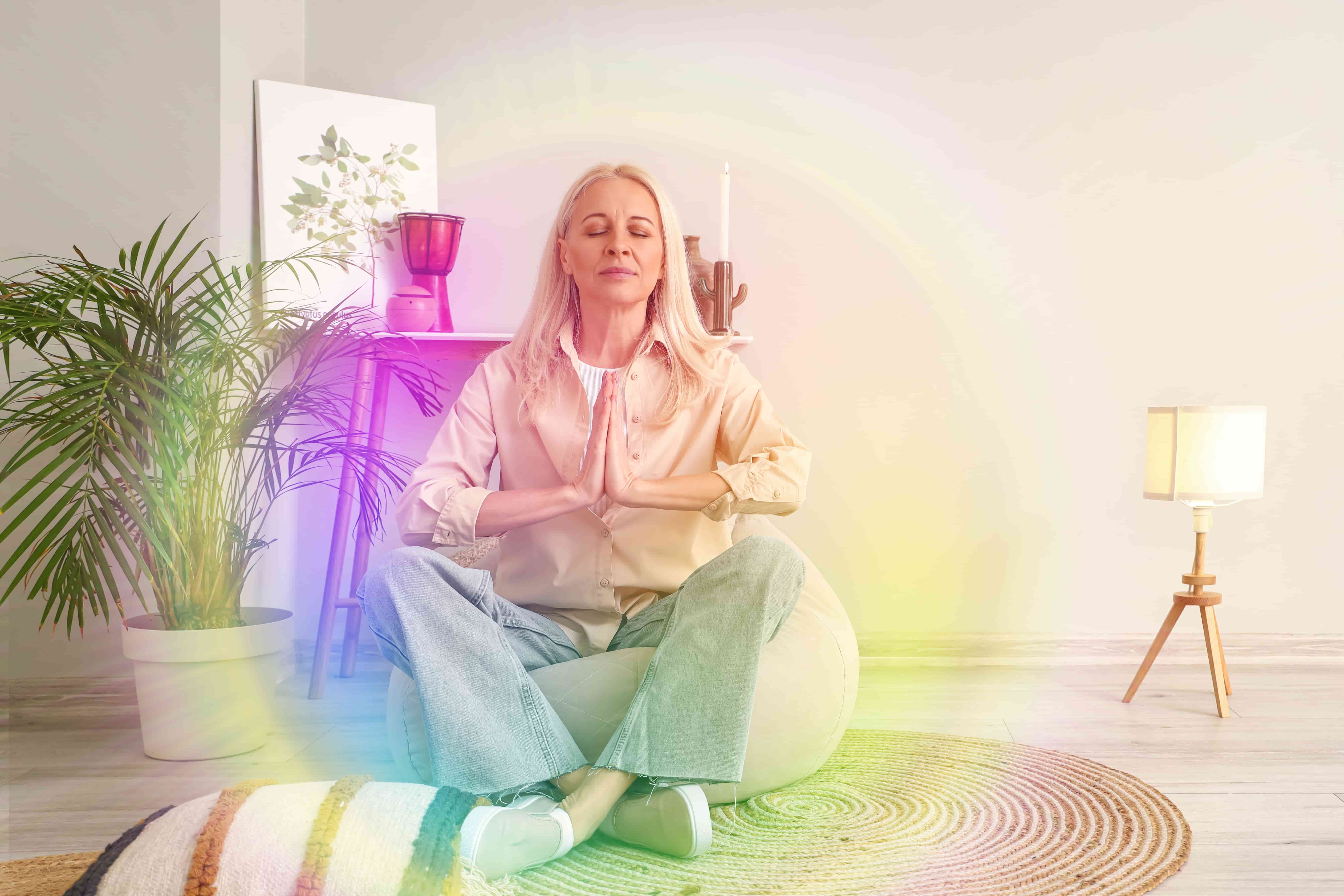 A woman sits cross-legged on a rug in a bright, minimalist room, surrounded by a colourful psychic energy aura, promoting relaxation and spiritual insight.
